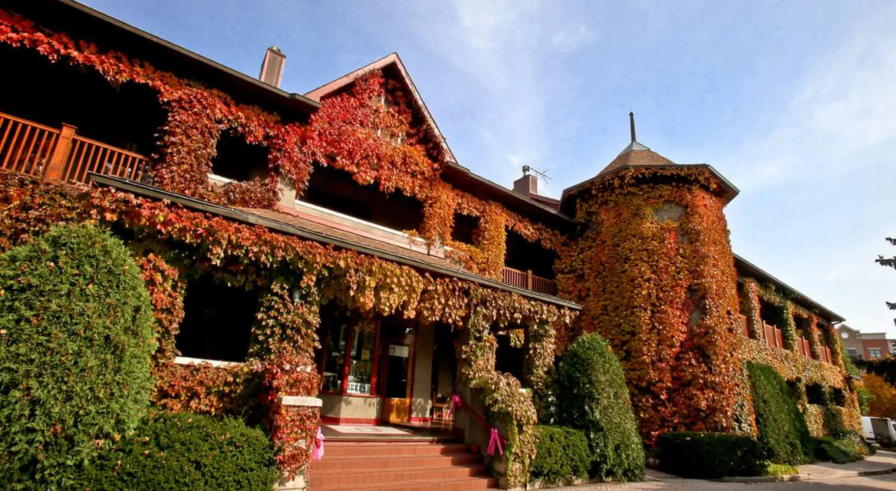秋にはオレンジ色の葉で覆われる建物の外観