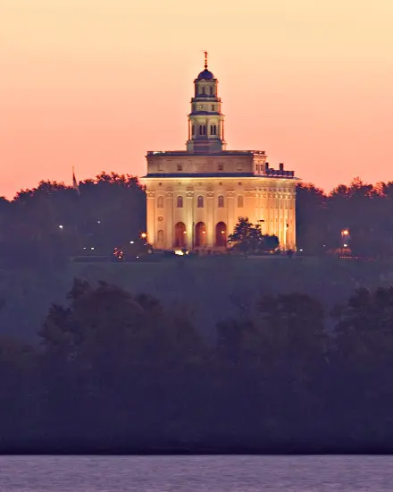 木々と川の向こうに明かりが灯る寺院
