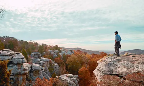 神々の庭園で岩の上に立つ男